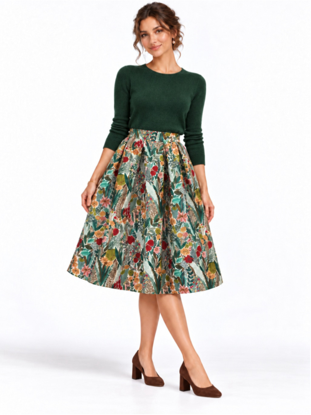 Chicwish Floral Botanical Jacquard Box Pleat Midi Skirt A-Line Garden Party M